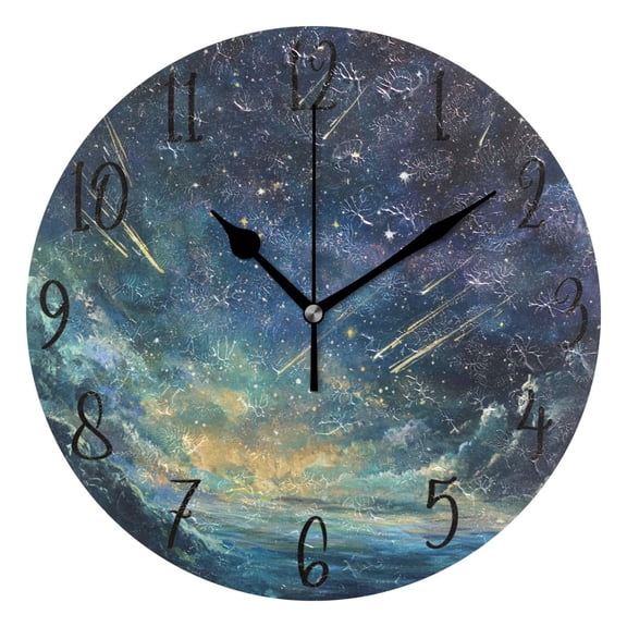 WOBOGO Deep Space Shooting Stars Pattern Wall Clock 10in Silent Mechanism Battery Operated Retro Style for Living Room Bedroom and Kitchen Black Pointer