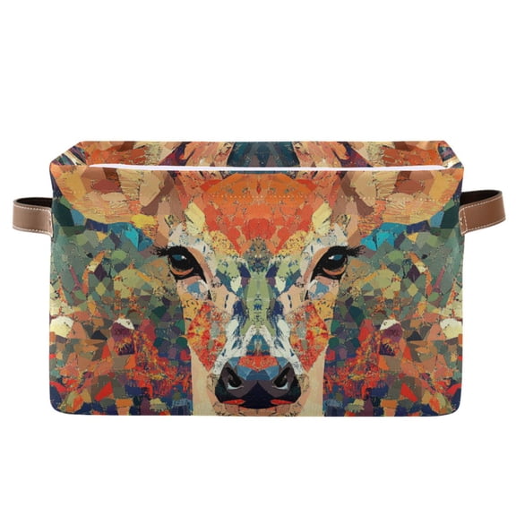 WOBOGO Deer Muzzle Square Storage Basket with Waterproof Canvas and PE Lining Durable PU Leather Handles 14.2×10.2×8.3in