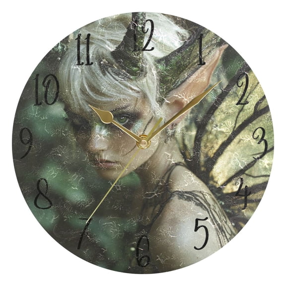 WOBOGO Demon Tinkerbell Elf Wall Clock 10in Silent Mechanism Battery Operated Retro Style for Living Room Bedroom and Kitchen Gold Pointer