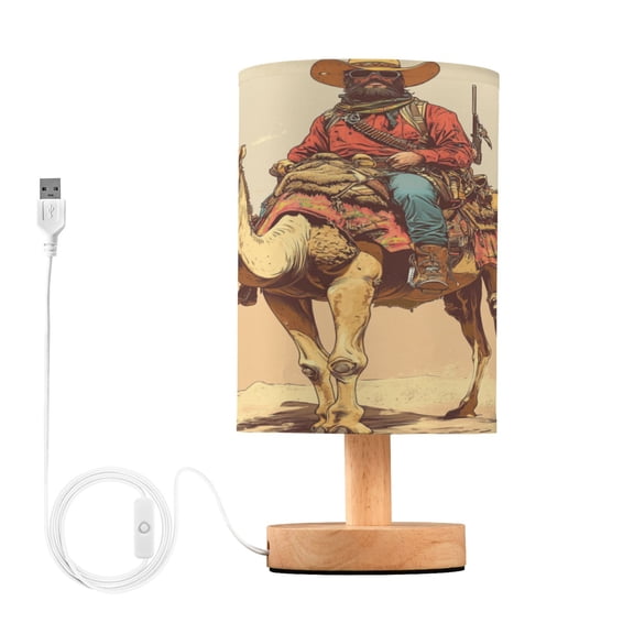WOBOGO Desert Adventure Hunter Bedroom Table Lamp USB Power Connector Wooden Base Round Linen Shade For Living Room Desk