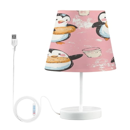 WOBOGO Dessert Penguin Pink Pattern Table Lamps Bedroom 3-Speed Dimmable Farm Style with Fabric Shade for Reading and Home Office
