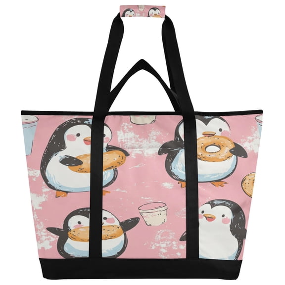 WOBOGO Dessert Penguin Pink Pattern Tote Cooler Bag Fold Flat Insulated Shopping Bag With Zipper For Work Picnic Beach Use 186.724in