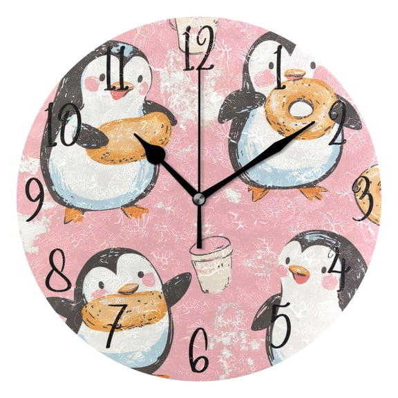 WOBOGO Dessert Penguin Pink Pattern Wall Clock 10in Silent Mechanism Battery Operated Retro Style for Living Room Bedroom and Kitchen Black Pointer