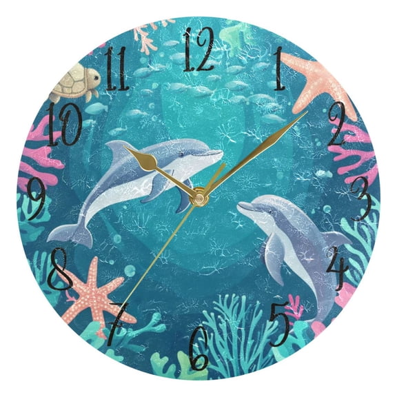 WOBOGO Dolphin Playful Picture Wall Clock 10in Silent Mechanism Battery Operated Retro Style for Living Room Bedroom and Kitchen Gold Pointer