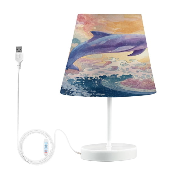 WOBOGO Dolphin Table Lamps Bedroom 3-Speed Dimmable Farm Style with Fabric Shade for Reading and Home Office