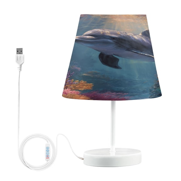 WOBOGO Dolphin Table Lamps Bedroom 3-Speed Dimmable Farm Style with Fabric Shade for Reading and Home Office