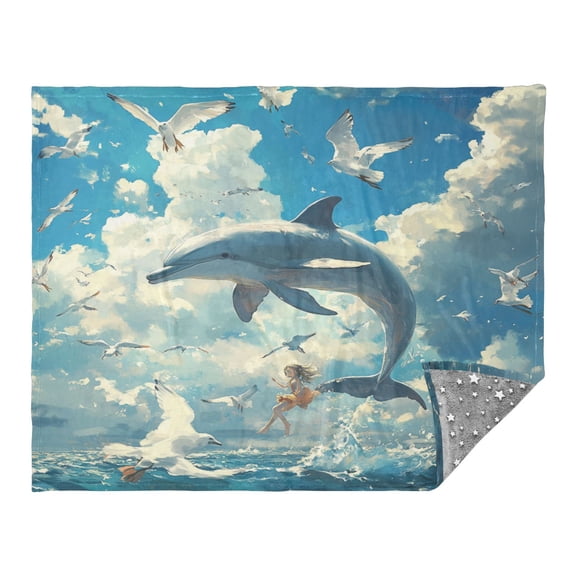 WOBOGO Dolphins Collide with Seagulls Facecloth Blanket Fluorescent Effect in The Dark Four Seasons of Comfortable and Soft Skin Friendly Sheet 7055in