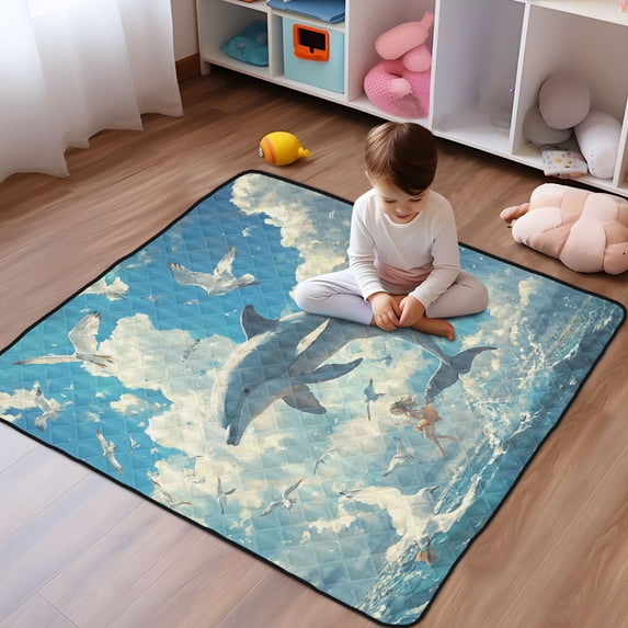 WOBOGO Dolphins Collide with Seagulls Baby Playmats Extra Large Waterproof Rollable Activity Pads for Toddlers 50×50inch