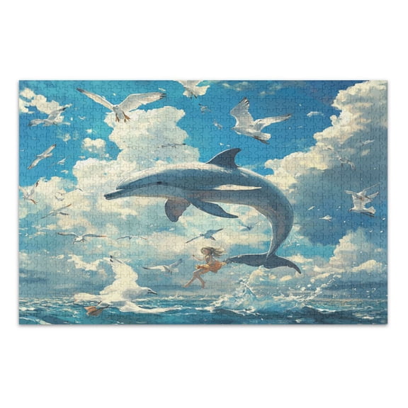 WOBOGO Dolphins Collide with Seagulls Jigsaw Puzzle Challenge 1000 Piece Jigsaw Suitable for Game Night Finished Size 29.5 x 19.7in