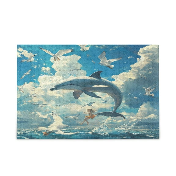 WOBOGO Dolphins Collide with Seagulls Puzzle Challenge 1000 Piece Jigsaw Suitable for Game Night Finished Size 29.5 x 19.7in