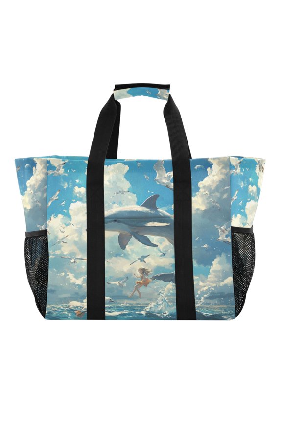 Dolphins Collide with Seagulls Tote Shopping Bag Reusable Heavy Duty Durable Foldable Washable 15.412.89.8in
