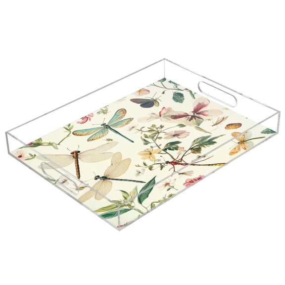 WOBOGO Dragonfly Print Painting Acrylic Serving Trays 15.7x11.8 Inch Spill Proof Clear Decorative Organizer with Handle
