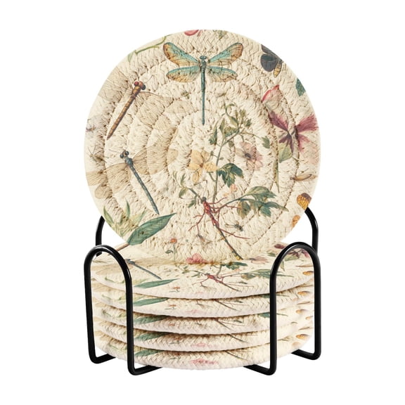 WOBOGO Dragonfly Print Painting Coil Coasters Set of 6 Minimalist Cotton Woven 3.94 inch Non-Slip Insulated and Absorbent Home Accessories.