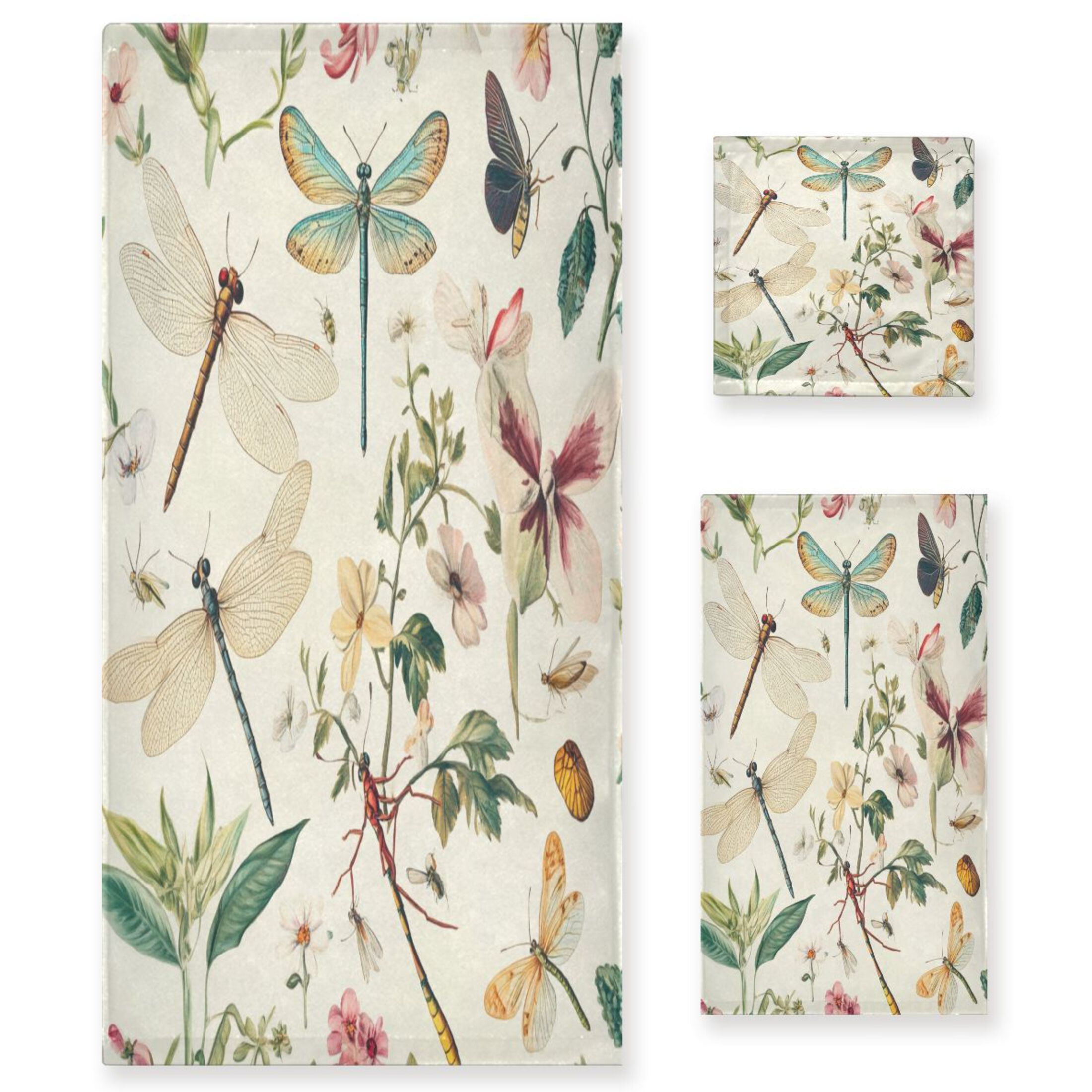 WOBOGO Dragonfly Print Painting Ultra Soft 3 Pack Cotton Towel Set Includes 60 x 30in Bath Towel 28 x 16in Face Towel and 13 x 13in Small Square Towel for Everyday Use Lightweight and Compact