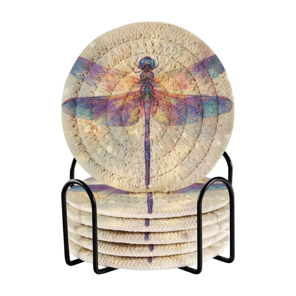 WOBOGO Dreamy Dragonfly Coil Coasters Set of 6 Minimalist Cotton Woven 3.94 inch Non-Slip Insulated and Absorbent Home Accessories.