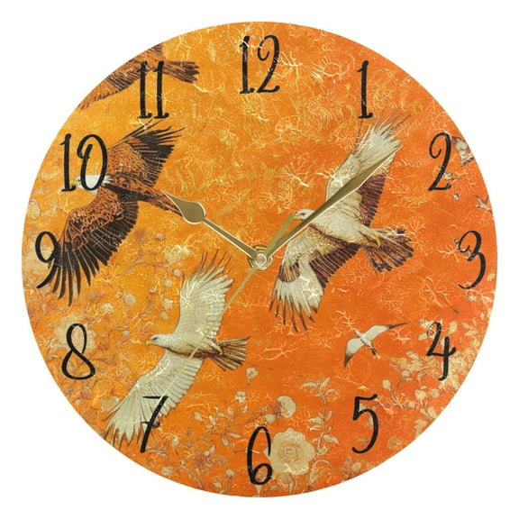 WOBOGO Eagle Golden Flower Wall Clock 10in Silent Mechanism Battery Operated Retro Style for Living Room Bedroom and Kitchen Gold Pointer