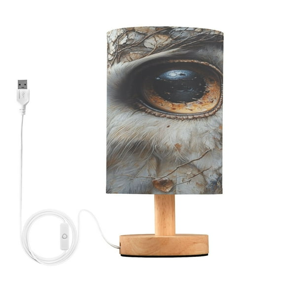 WOBOGO Eagle's Head Bedroom Table Lamp USB Power Connector Wooden Base Round Linen Shade For Living Room Desk