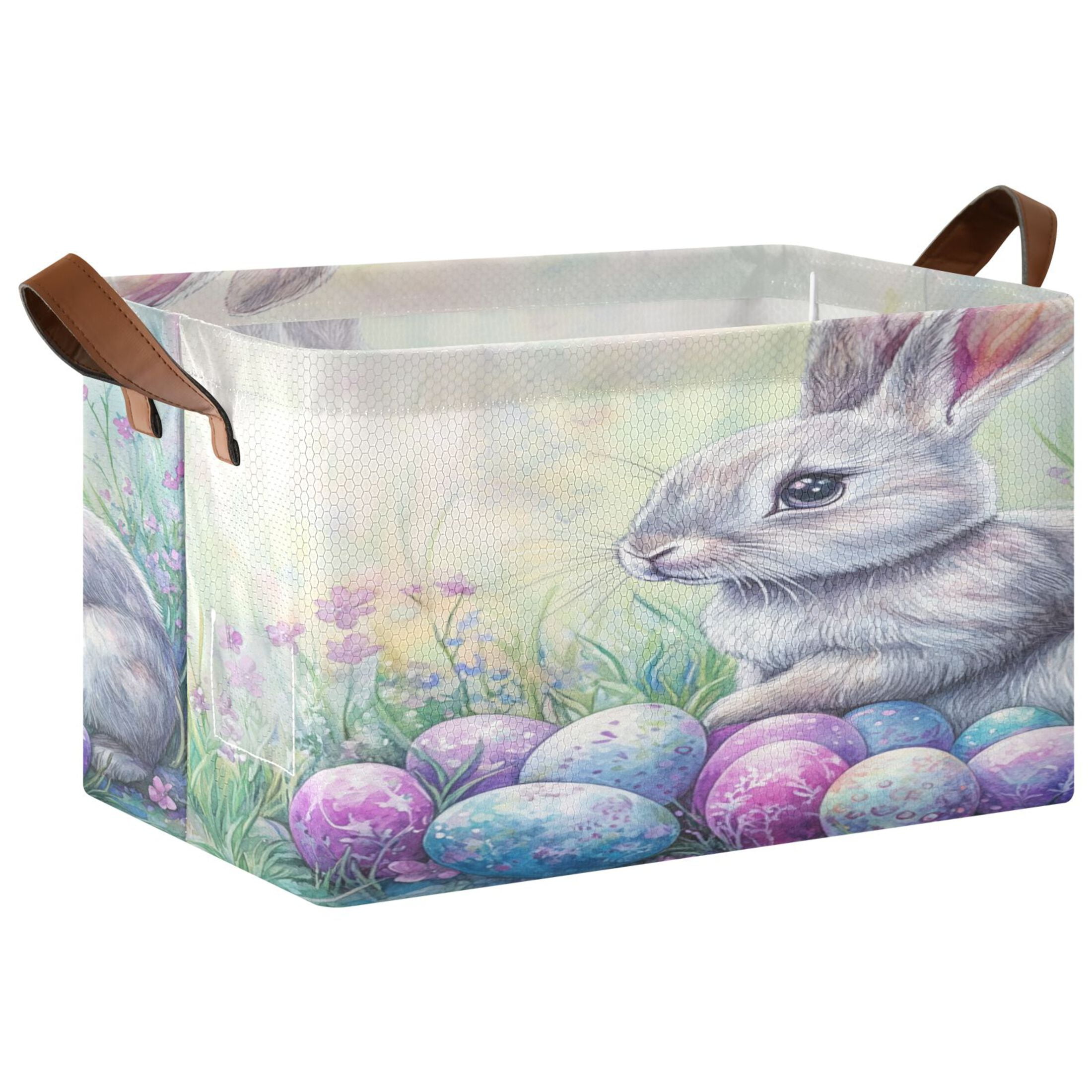 WOBOGO Easter Blue Bunny Storage Basket 16.9×11.4×10in Collapsible Oversized with Metal Iron Frame Set of 1