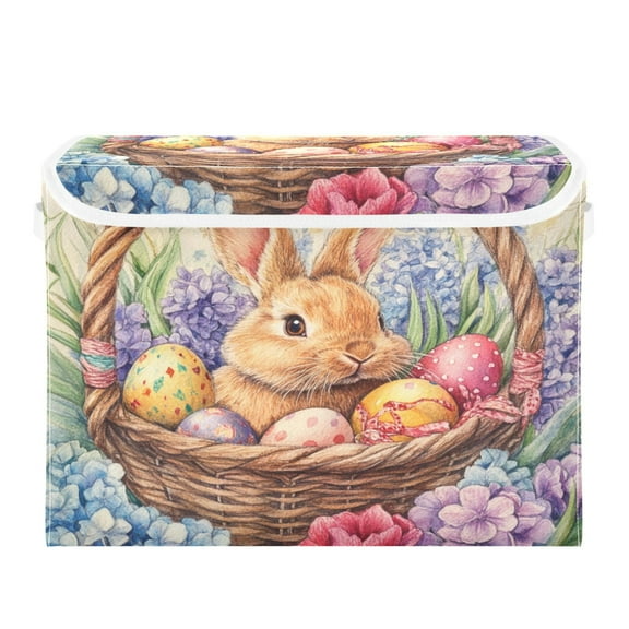 WOBOGO Easter Bunny Large Collapsible Storage Box Flip Lid Fabric Decorative Organizer Container Basket with Handles 16.512.611.8in