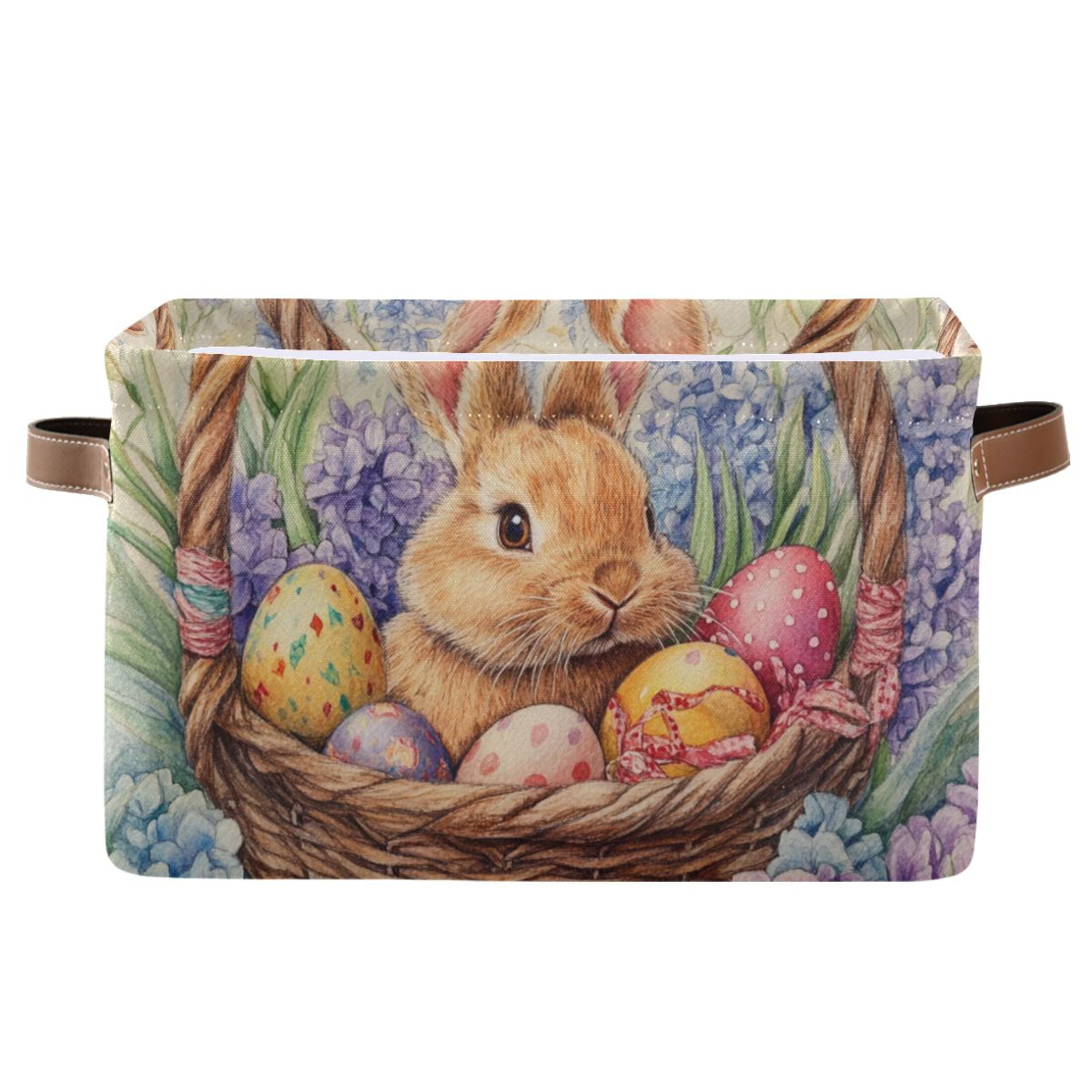 WOBOGO Easter Bunny Square Storage Basket with Waterproof Canvas and PE Lining Durable PU Leather Handles 14.2×10.2×8.3in