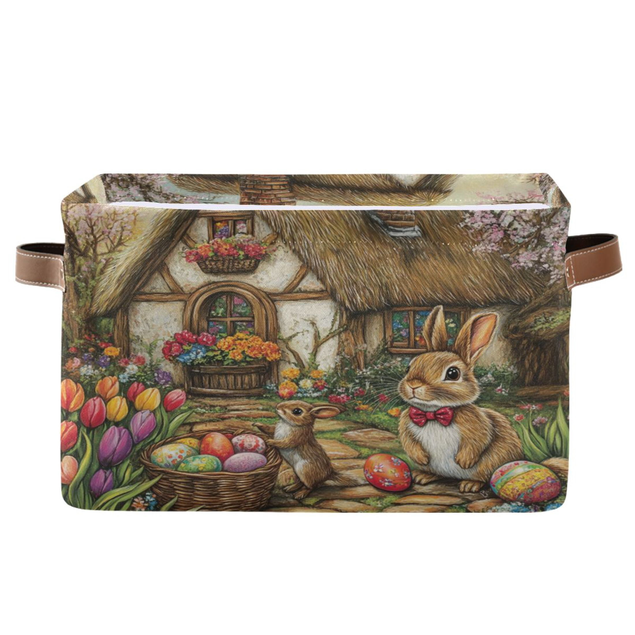WOBOGO Easter Cozy Cabin Square Storage Basket with Waterproof Canvas and PE Lining Durable PU Leather Handles 14.2×10.2×8.3in