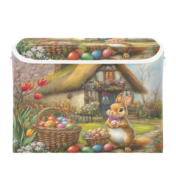 WOBOGO Easter Cozy Straw House Large Collapsible Storage Box Flip Lid Fabric Decorative Organizer Container Basket with Handles 16.512.611.8in