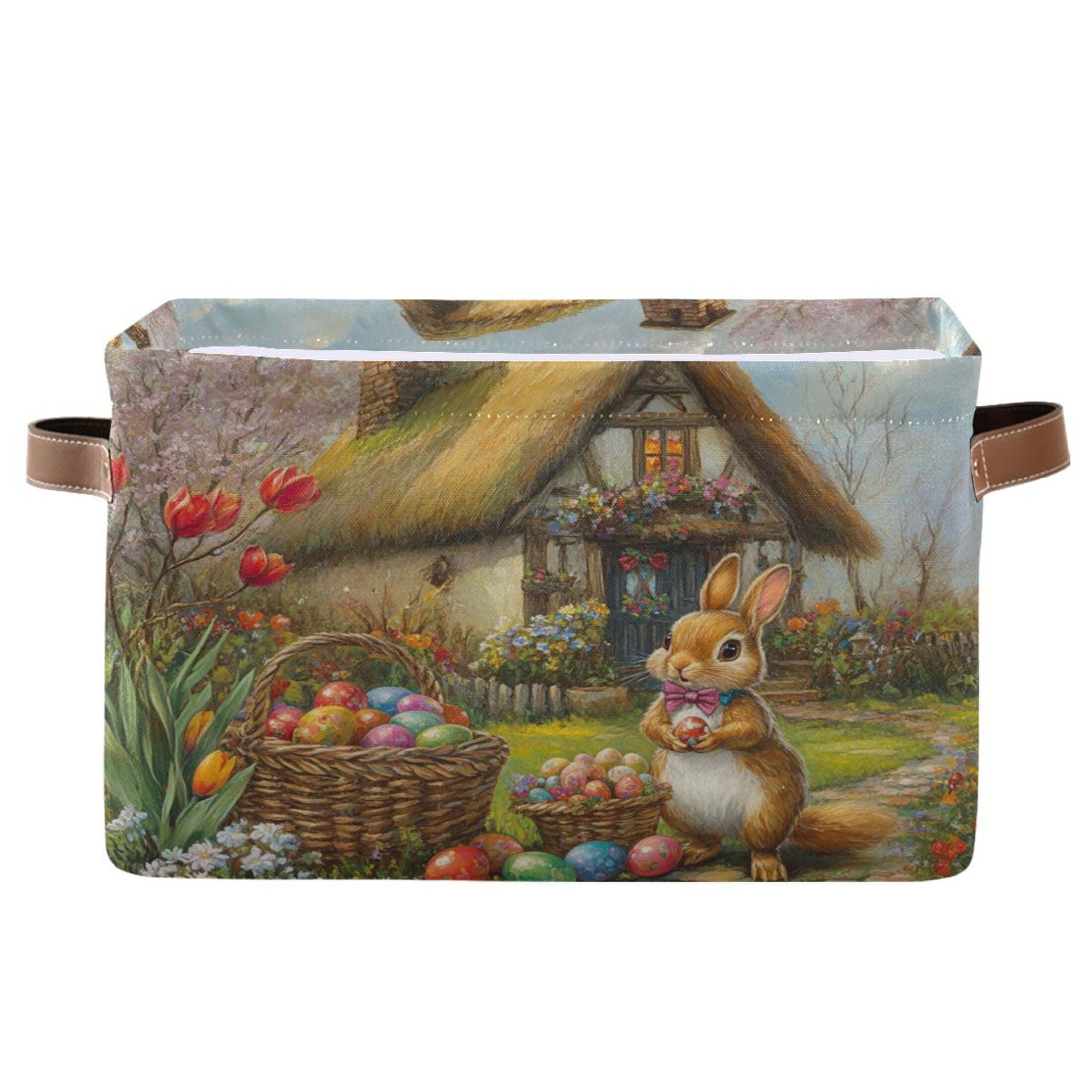 WOBOGO Easter Cozy Straw House Square Storage Basket with Waterproof Canvas and PE Lining Durable PU Leather Handles 14.2×10.2×8.3in