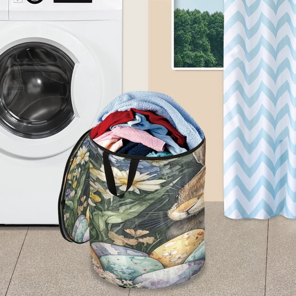 WOBOGO Easter Gray Bunny Foldable Laundry Baskets with Carry Handle Zipper Closure Travel Bathroom College Dorm Essentials