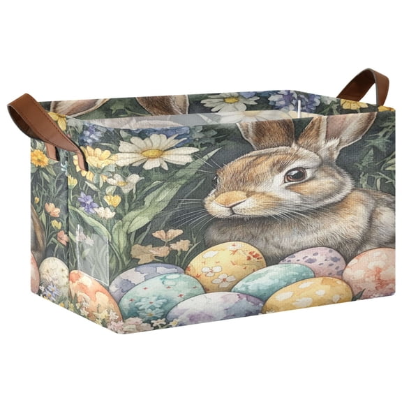 WOBOGO Easter Gray Bunny Storage Basket 16.9×11.4×10in Collapsible Oversized with Metal Iron Frame Set of 1