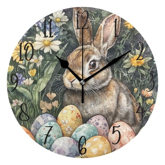 WOBOGO Easter Gray Bunny Wall Clock 10in Silent Mechanism Battery Operated Retro Style for Living Room Bedroom and Kitchen Black Pointer