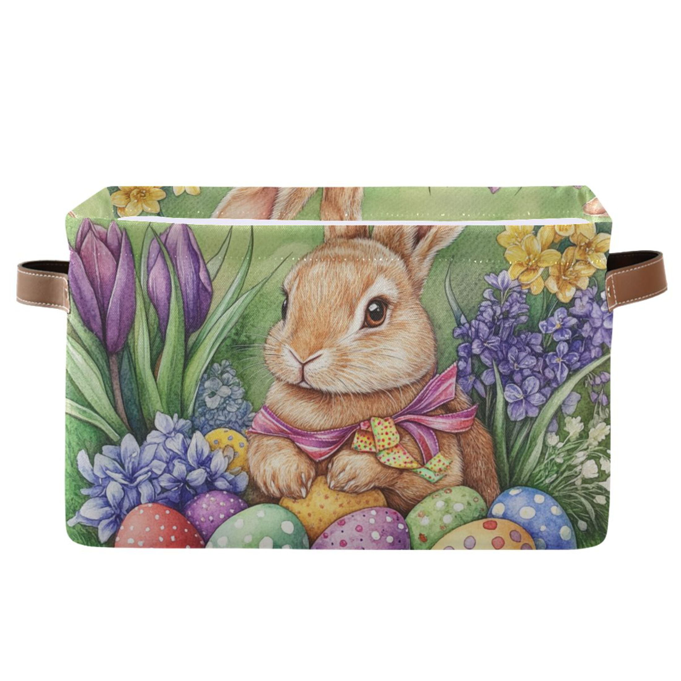 WOBOGO Easter Orange Bunny Square Storage Basket with Waterproof Canvas and PE Lining Durable PU Leather Handles 14.2×10.2×8.3in