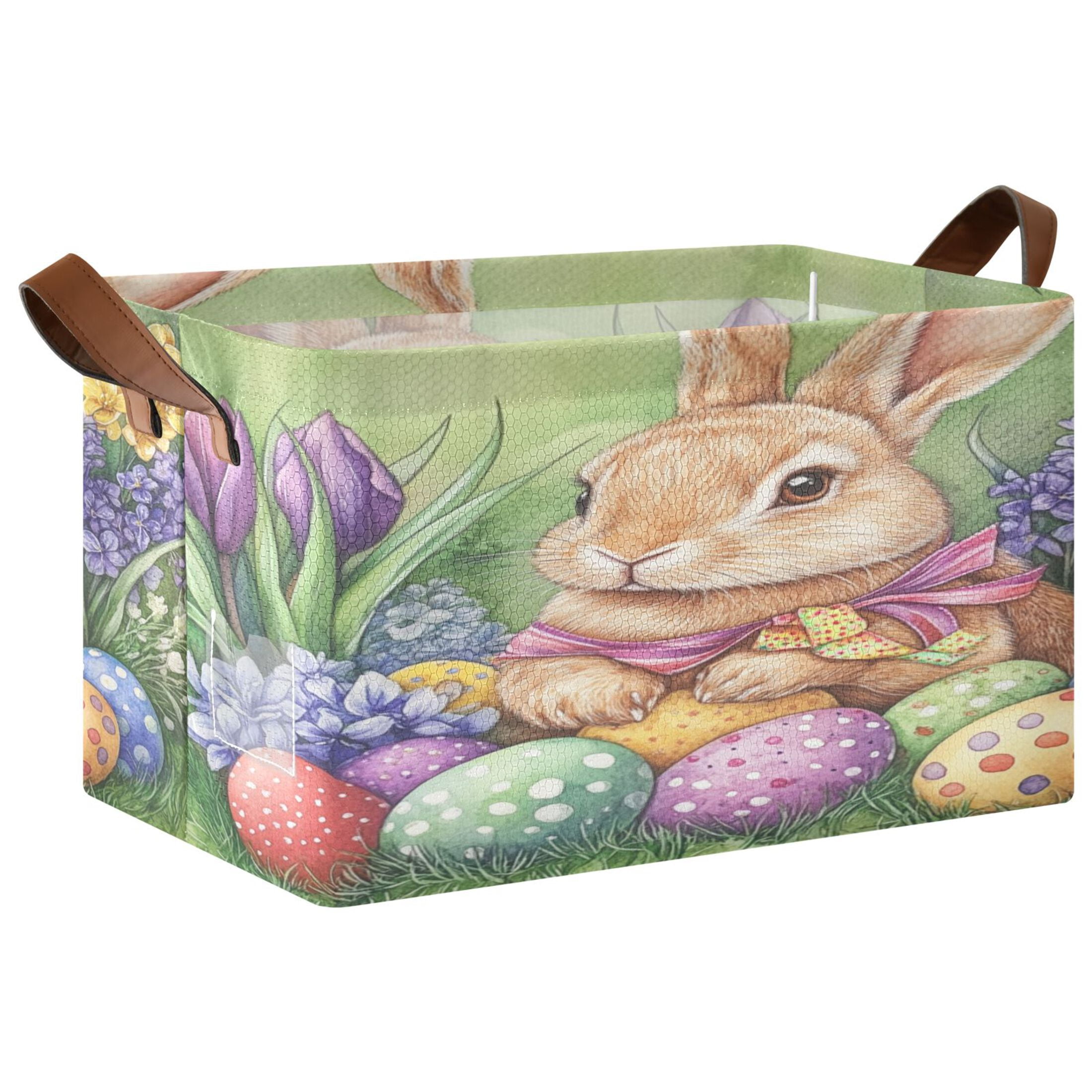 WOBOGO Easter Orange Bunny Storage Basket 16.9×11.4×10in Collapsible Oversized with Metal Iron Frame Set of 1