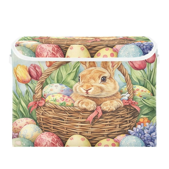 WOBOGO Easter Rabbit Large Collapsible Storage Box Flip Lid Fabric Decorative Organizer Container Basket with Handles 16.512.611.8in