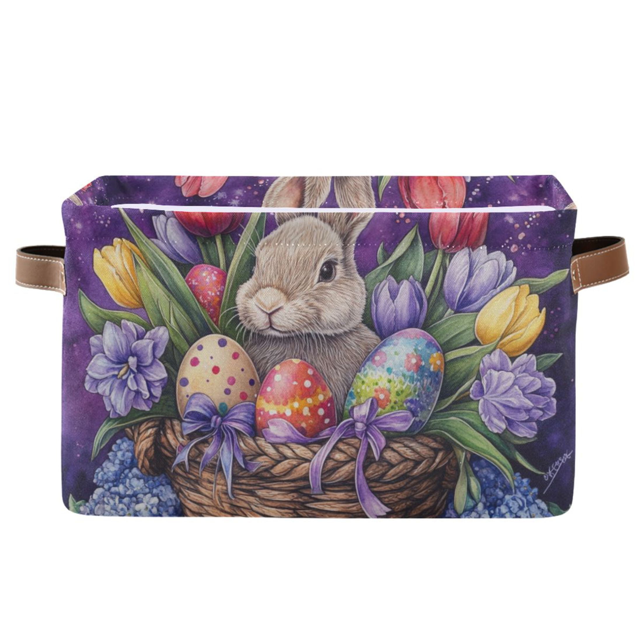 WOBOGO Easter Rabbit Purple Pattern Square Storage Basket with Waterproof Canvas and PE Lining Durable PU Leather Handles 14.2×10.2×8.3in
