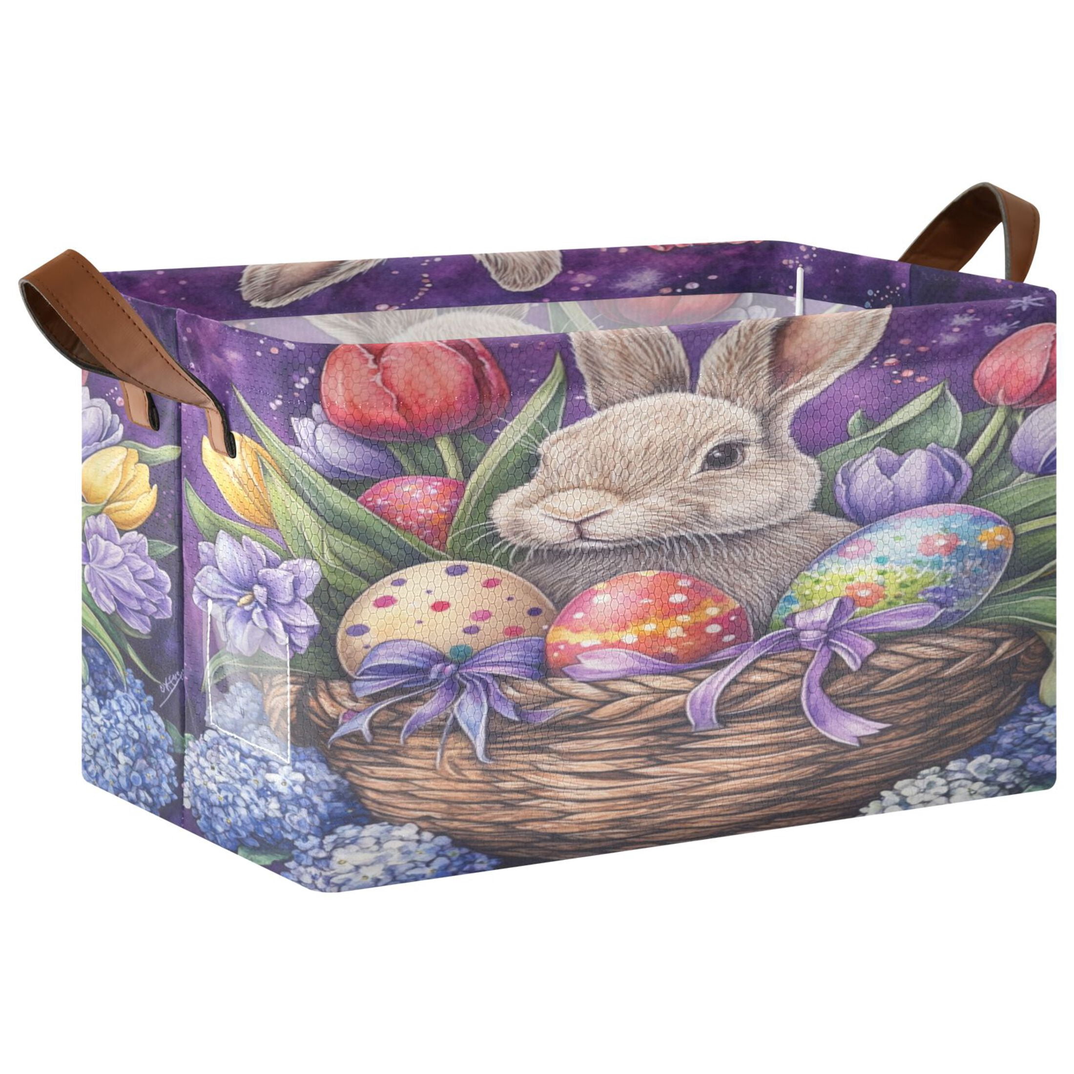 WOBOGO Easter Rabbit Purple Pattern Storage Basket 16.9×11.4×10in Collapsible Oversized with Metal Iron Frame Set of 1