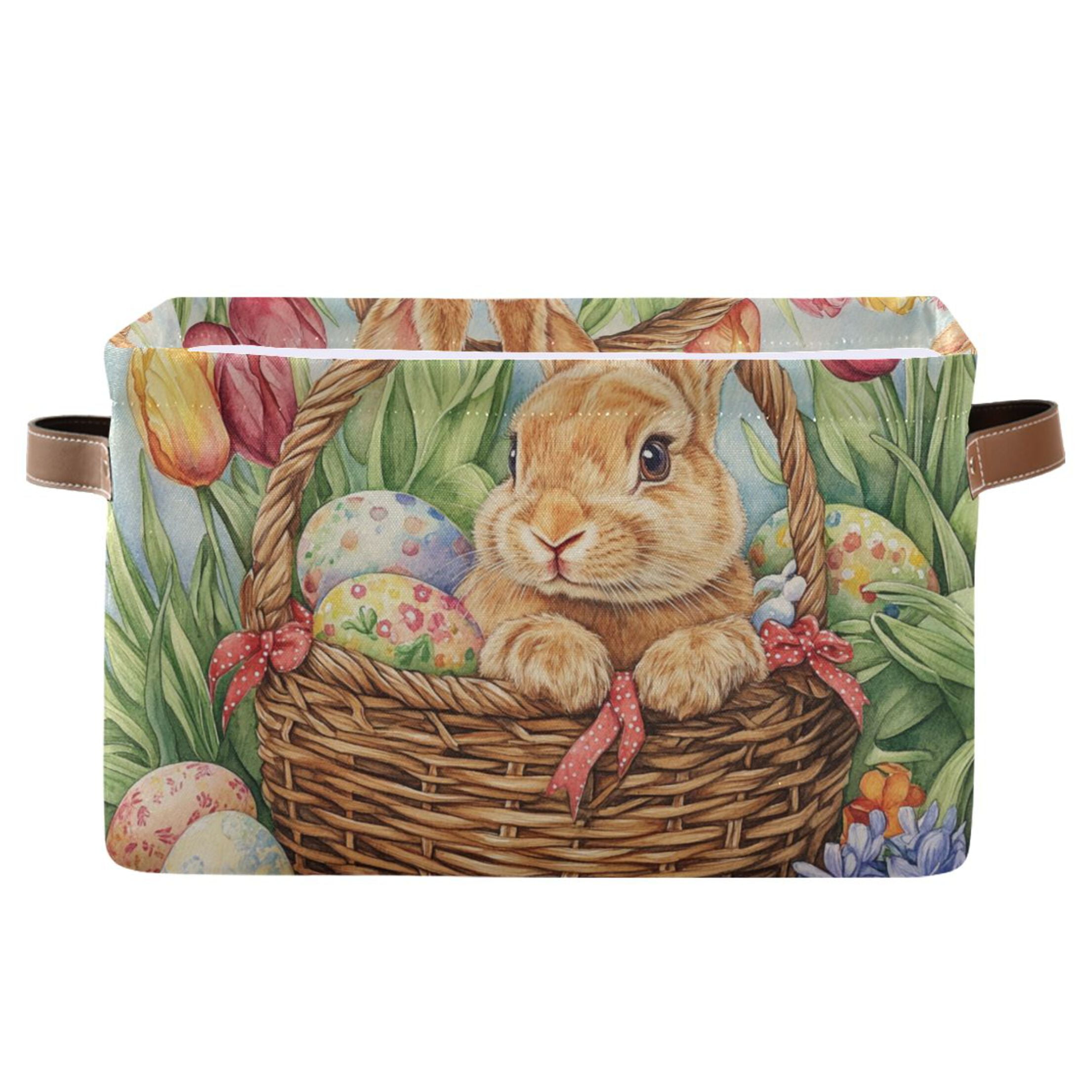 WOBOGO Easter Rabbit Square Storage Basket with Waterproof Canvas and PE Lining Durable PU Leather Handles 14.2×10.2×8.3in