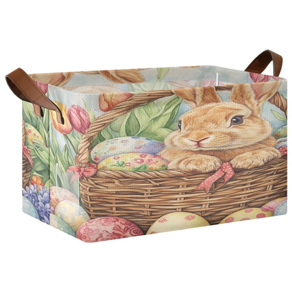 WOBOGO Easter Rabbit Storage Basket 16.9×11.4×10in Collapsible Oversized with Metal Iron Frame Set of 2