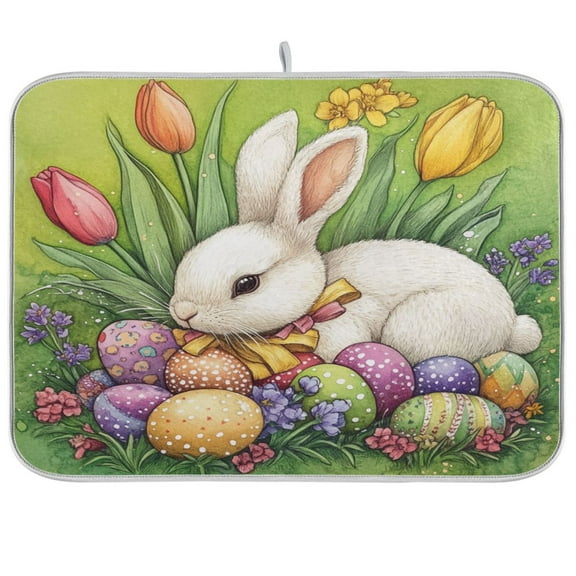 WOBOGO Easter White Bunny Kitchen Drying Mat Heat Resistant Drainage with Non-Slip Rubber Backing Hides Stains Super Absorbent Easy to Clean 16×18in