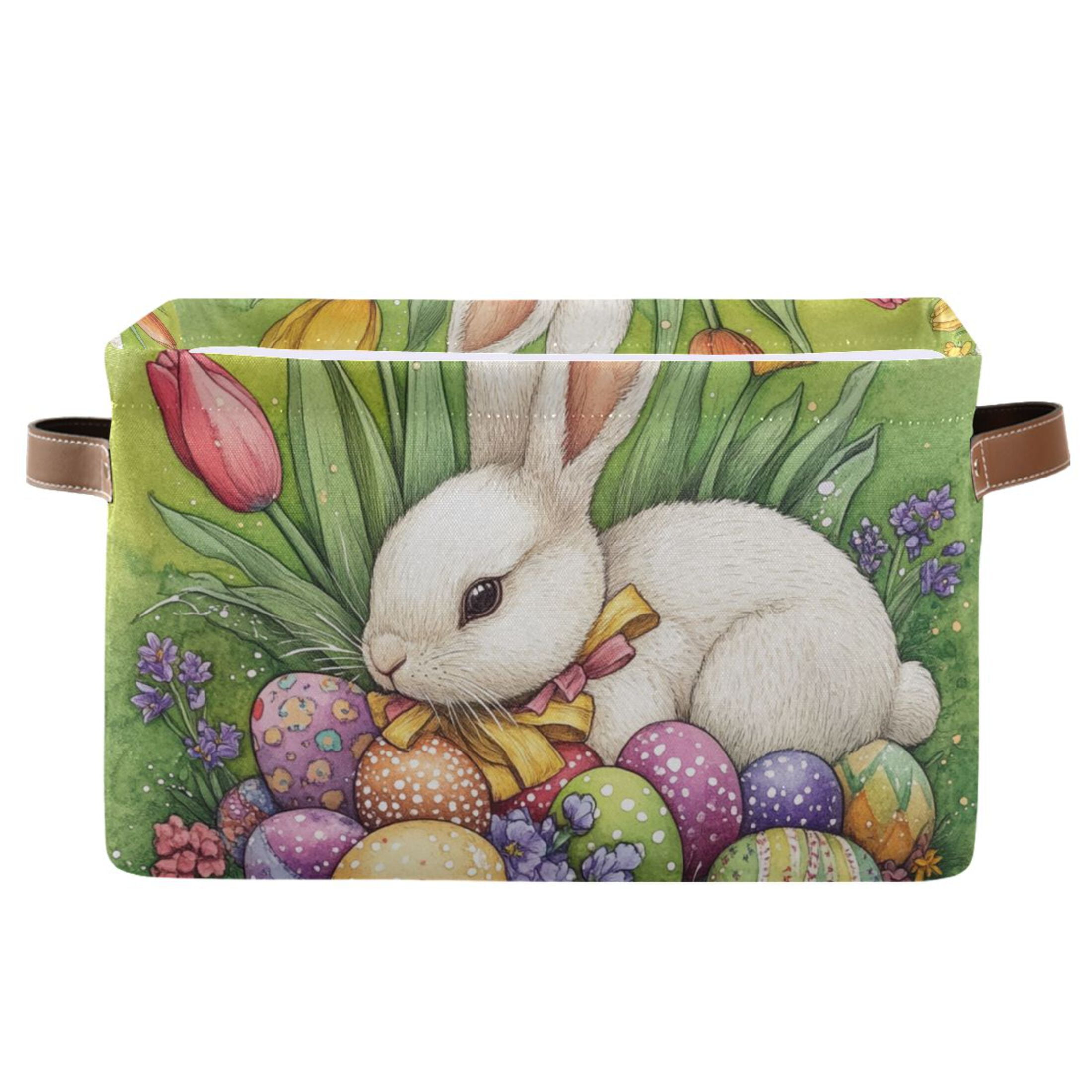 WOBOGO Easter White Bunny Square Storage Basket with Waterproof Canvas and PE Lining Durable PU Leather Handles 14.2×10.2×8.3in