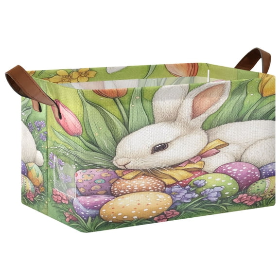 WOBOGO Easter White Bunny Storage Basket 16.9×11.4×10in Collapsible Oversized with Metal Iron Frame Set of 1