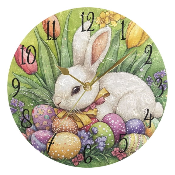 WOBOGO Easter White Bunny Wall Clock 10in Silent Mechanism Battery Operated Retro Style for Living Room Bedroom and Kitchen Gold Pointer