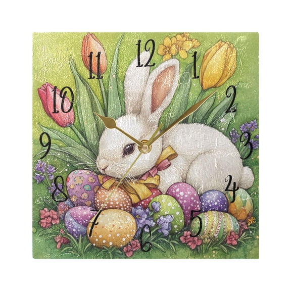 WOBOGO Easter White Bunny Wall Clock 7.78 Inch Battery Operated Silent Unit Square Rustic Vintage Style for Home Bedroom Office Gold Pointer