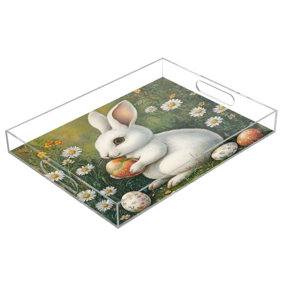WOBOGO Easter White Rabbit Acrylic Serving Trays 15.7x11.8 Inch Spill Proof Clear Decorative Organizer with Handle