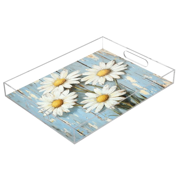 WOBOGO Elegant Daisy Acrylic Serving Trays 15.7x11.8 Inch Spill Proof Clear Decorative Organizer with Handle