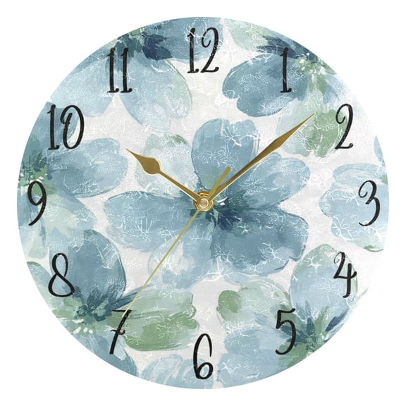 WOBOGO Elegant Flowers in Shades Of Blue Wall Clock 10in Silent Mechanism Battery Operated Retro Style for Living Room Bedroom and Kitchen Gold Pointer
