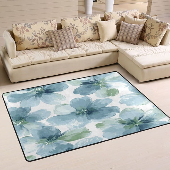WOBOGO Elegant Flowers in Shades Of Blue Carpet Non-Slip Rugs Soft Doormat 36×24in Living Dining Room Bedroom Decorative
