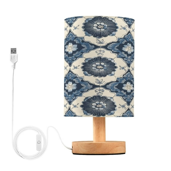WOBOGO Elegant Pattern Of Traditional Bedroom Table Lamp USB Power Connector Wooden Base Round Linen Shade For Living Room Desk