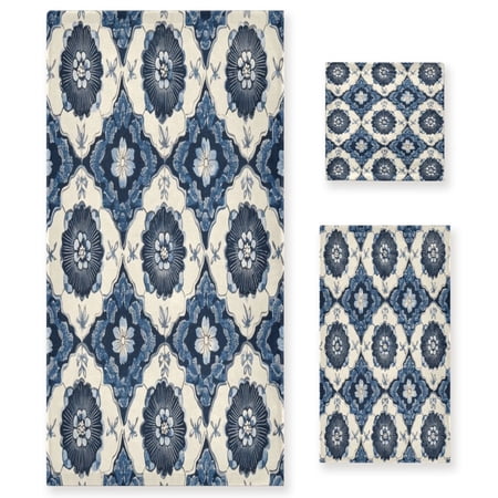 WOBOGO Elegant Pattern Of Traditional Ultra Soft 3 Pack Cotton Towel Set Includes 60 x 30in Bath Towel 28 x 16in Face Towel and 13 x 13in Small Square Towel for Everyday Use Lightweight and Compact