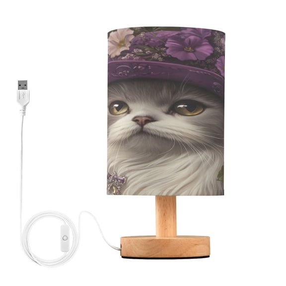 WOBOGO Elegant Persian Cat Bedroom Table Lamp USB Power Connector Wooden Base Round Linen Shade For Living Room Desk