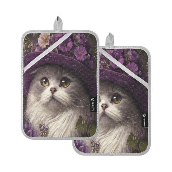 WOBOGO Elegant Persian Cat Oven Mitts 2 Piece Heat Resistant 338 Degrees F Square Insulation Pads for A Wide Range of Cooking Occasions